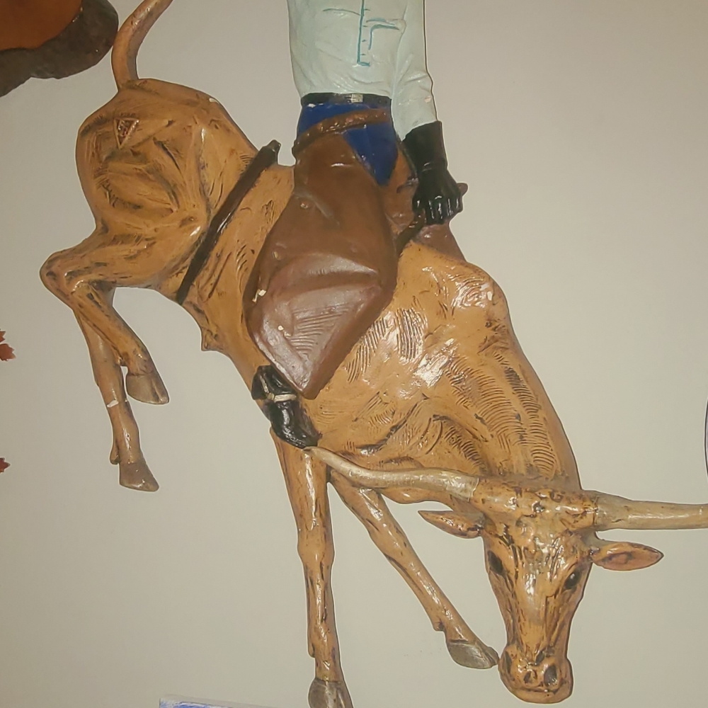 Large chaulkware wallart Cowboy riding bull